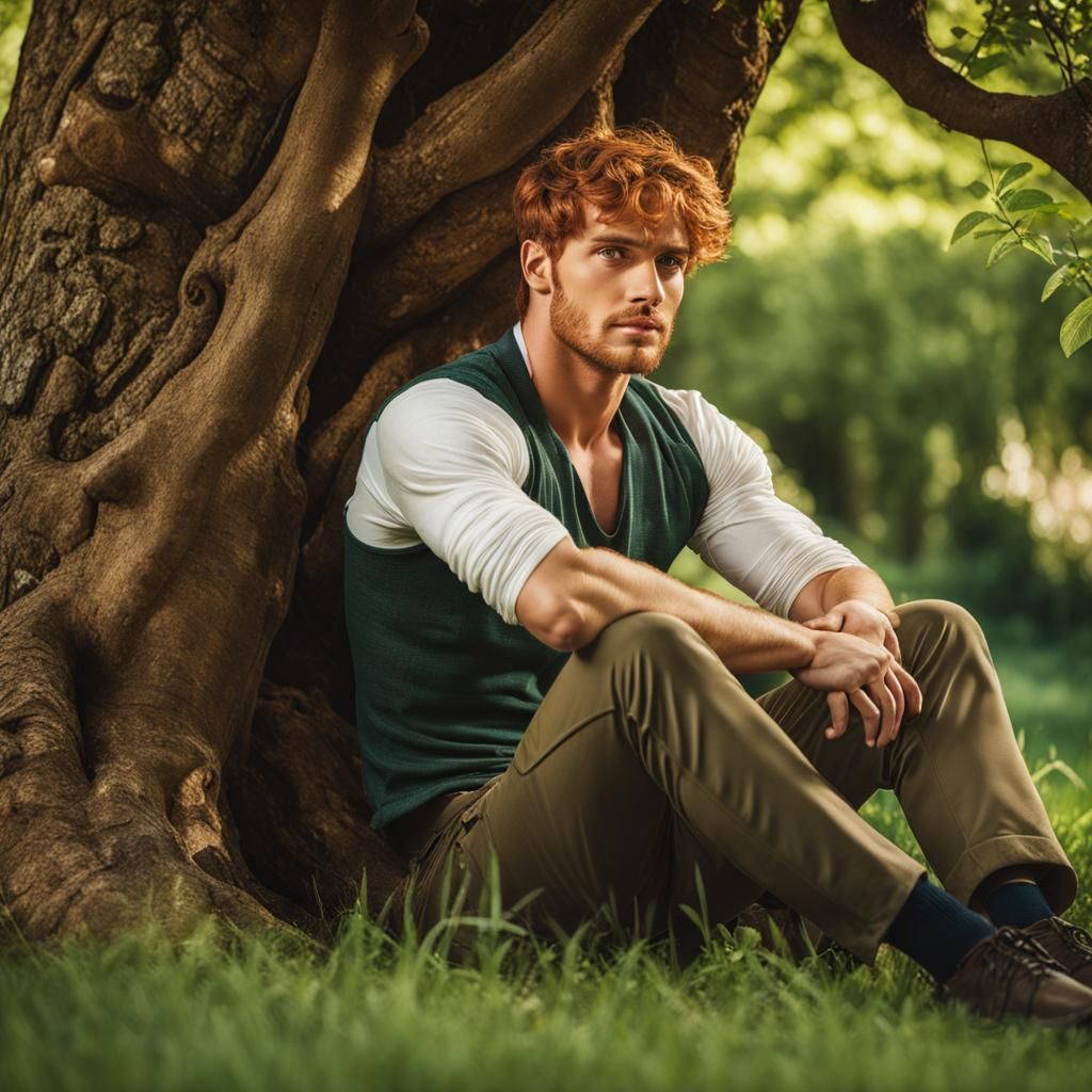 Contemplative Man Under Tree in Pre-Raphaelite Style