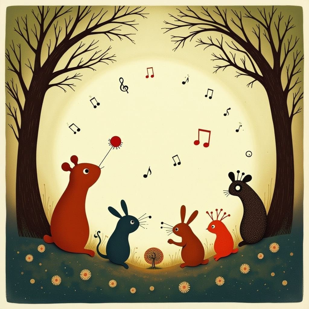 <lora:MOONMOTH SONG:1.0> <lora:CICADA SONG:1.0> <lora:Contexture Abstract:1.0> Little critters sing in a choir