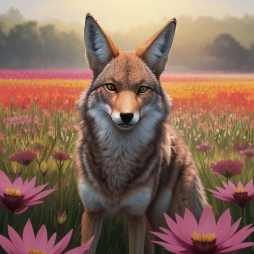 Hyperrealistic Coyote in Colorful Flower Field
