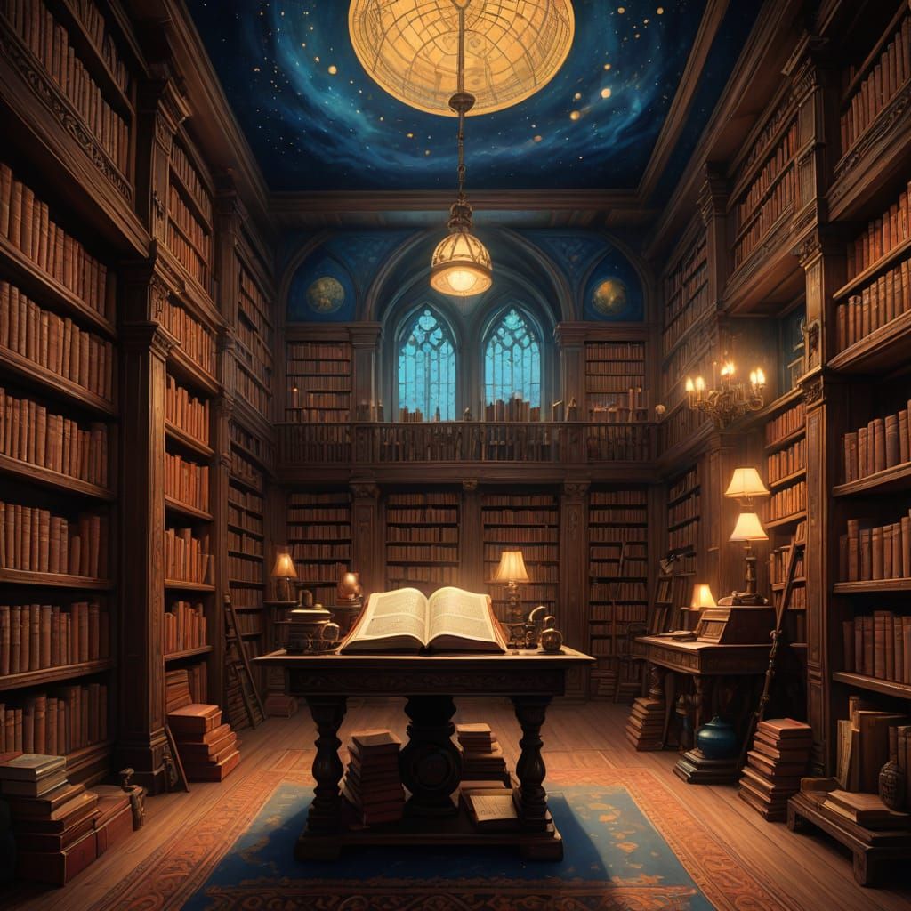 Majestic Wizard's Library in Epic Impressionist Style