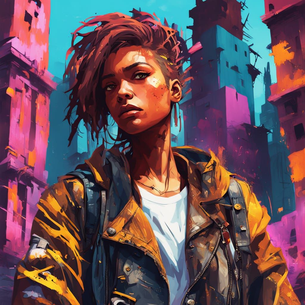 Confident Woman Rules a Post-Apocalyptic City in Vibrant Str...