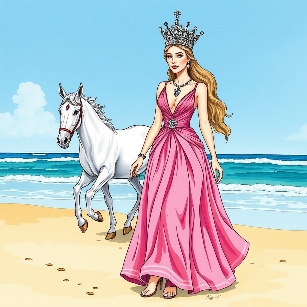 Majestic Queen Strolls Beach in Whimsical Low Brow Art Style