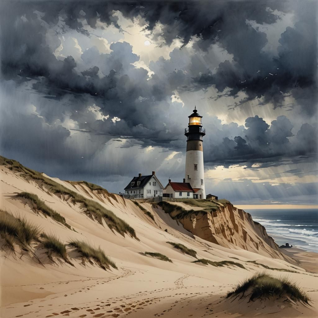 Stunning Lighthouse on a Shifting Dune in a Stormy Evening S...