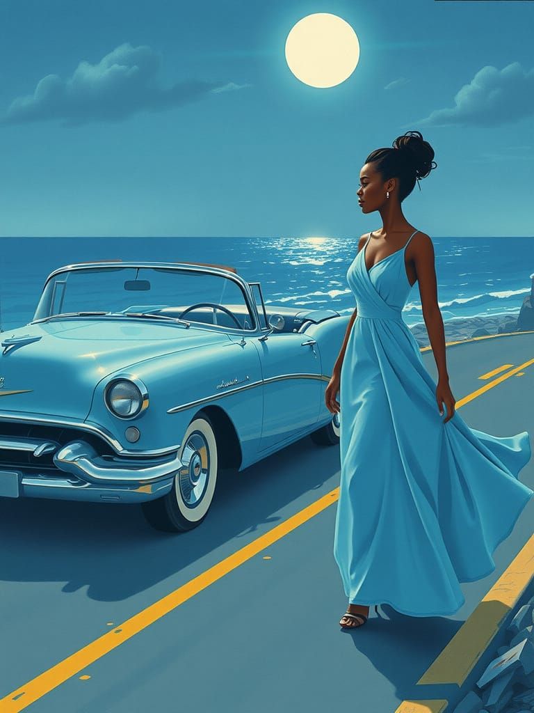Romantic 1950s Coastal Scene with Woman and Classic Car