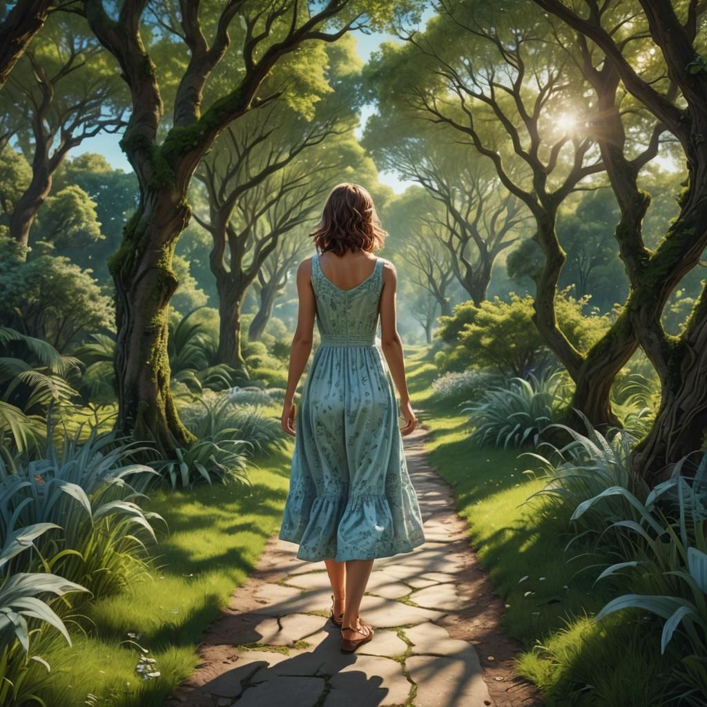 Woman in Sundress on Forest Path, Art Nouveau Style
