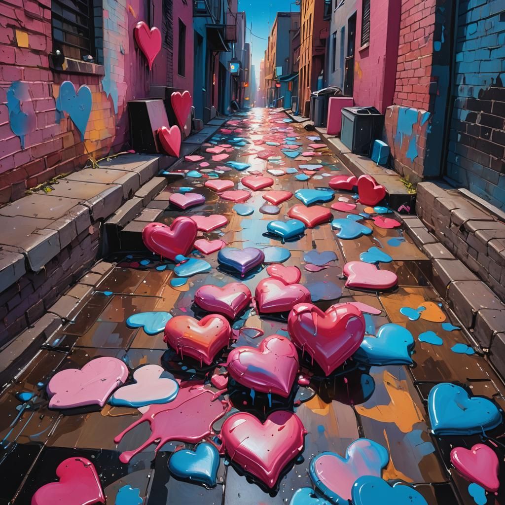 Surreal Hearts in City Alleyway as Fauvist Art