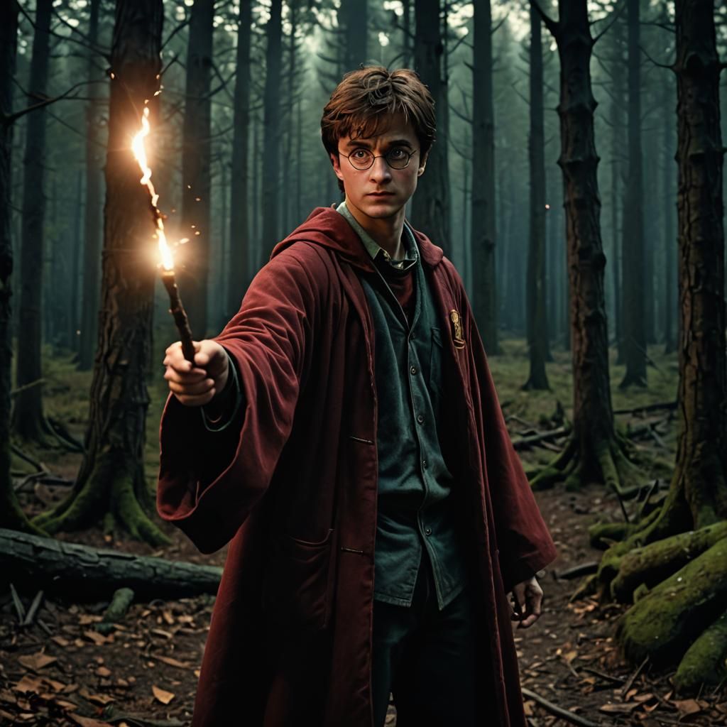 Harry Potter Duel in Hogwarts Forest: Cinematic Still