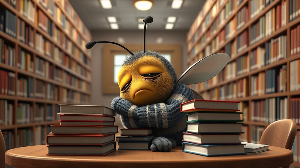 Exhausted Bee Sleeps in College Library, 3D Animation