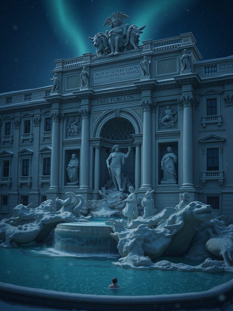 Surreal Trevi Fountain Scene Under Aurora Borealis