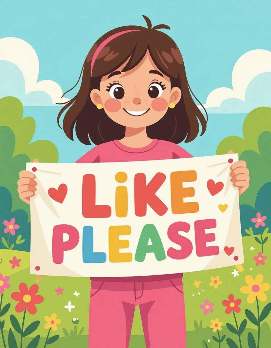 Girl with 'LIKE PLEASE' Banner in Pastel Colors