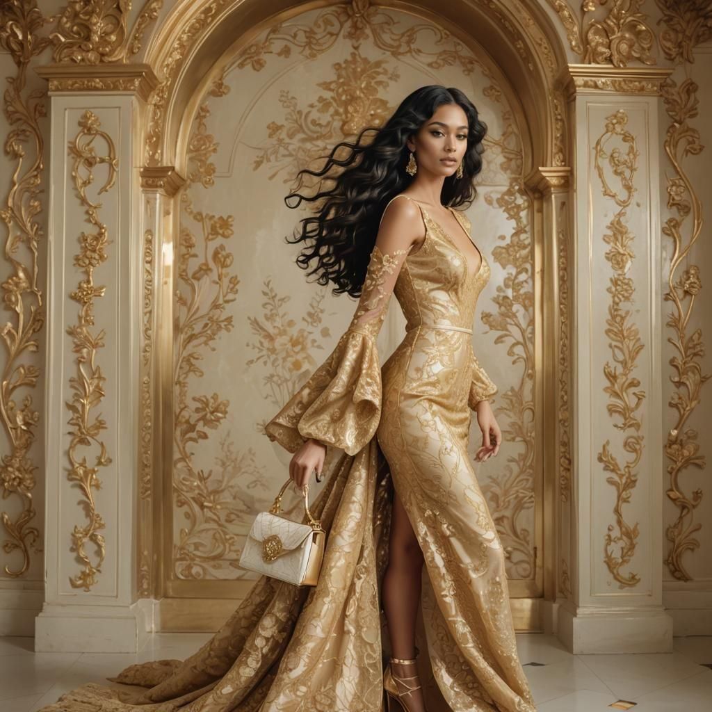 Fashion Model in Golden Dress and Heels