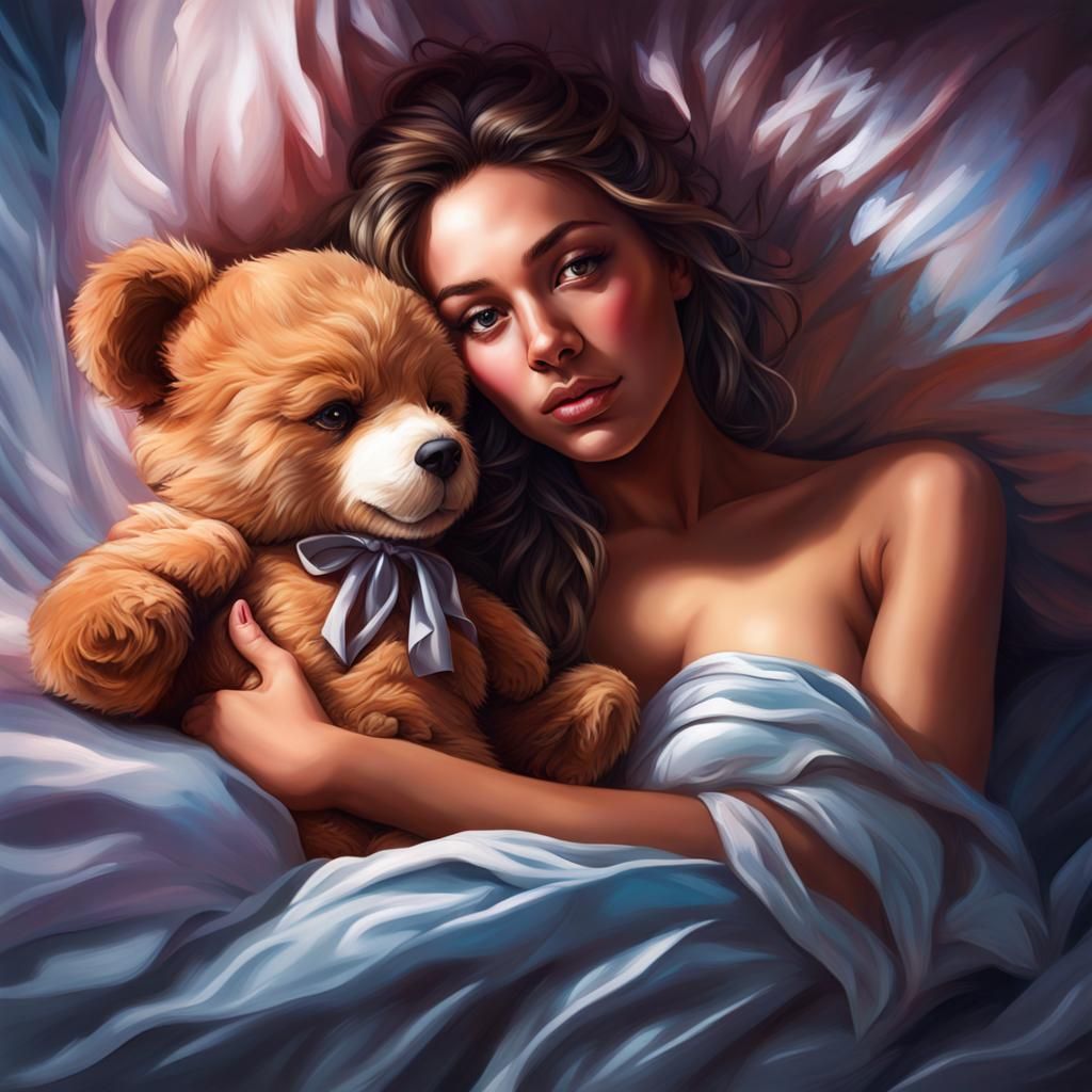 beautiful in bed wearing silk holding teddy bear