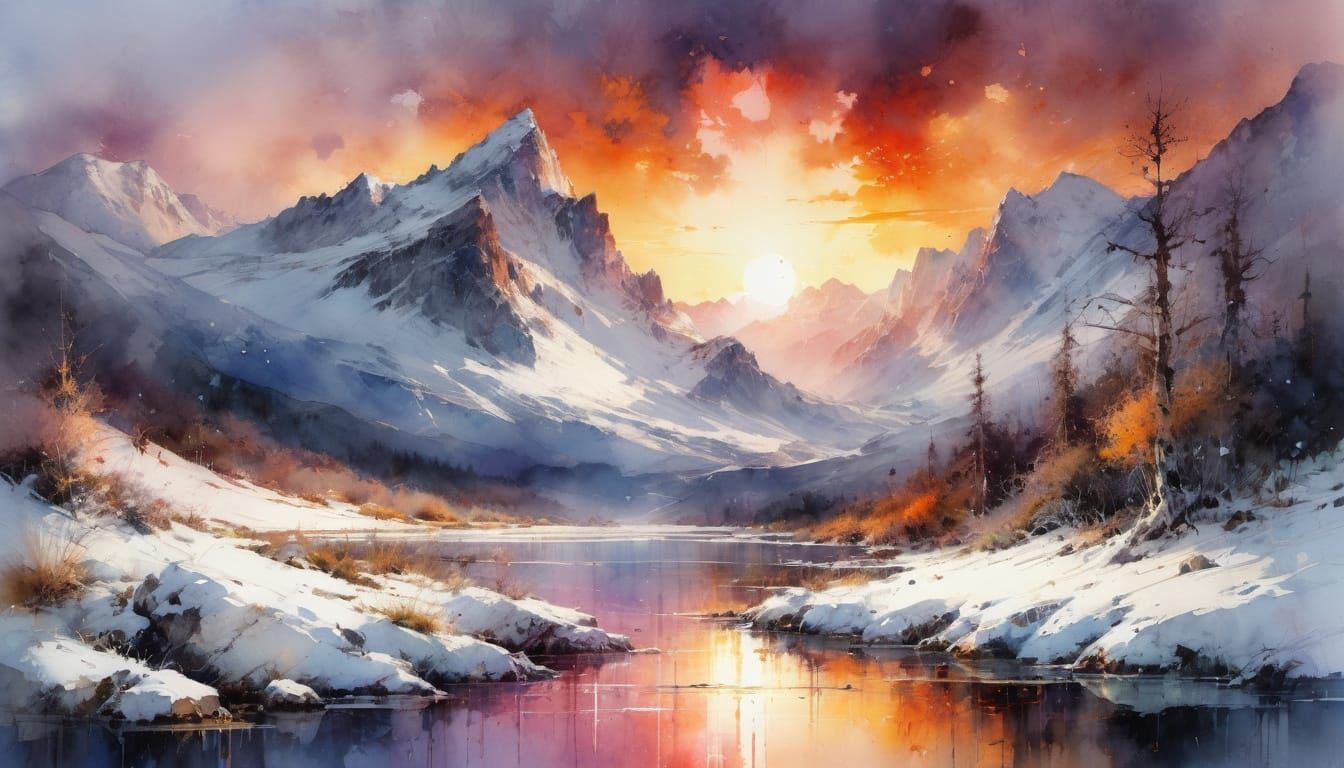 Watercolor Masterpiece of Snow-Capped Mountains at Sunset