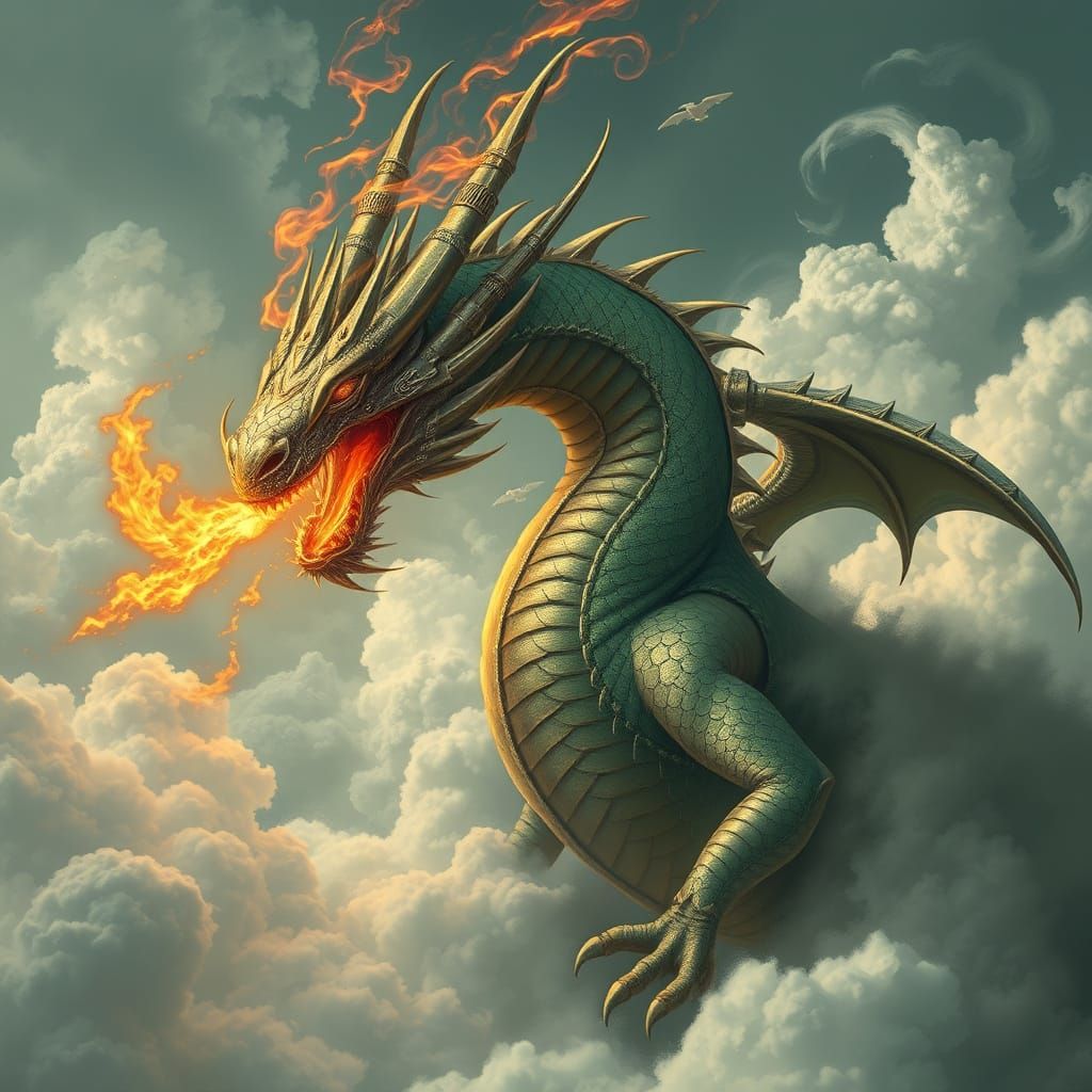 Jade Dragon Breathing Fire in Retro-Futuristic Style
