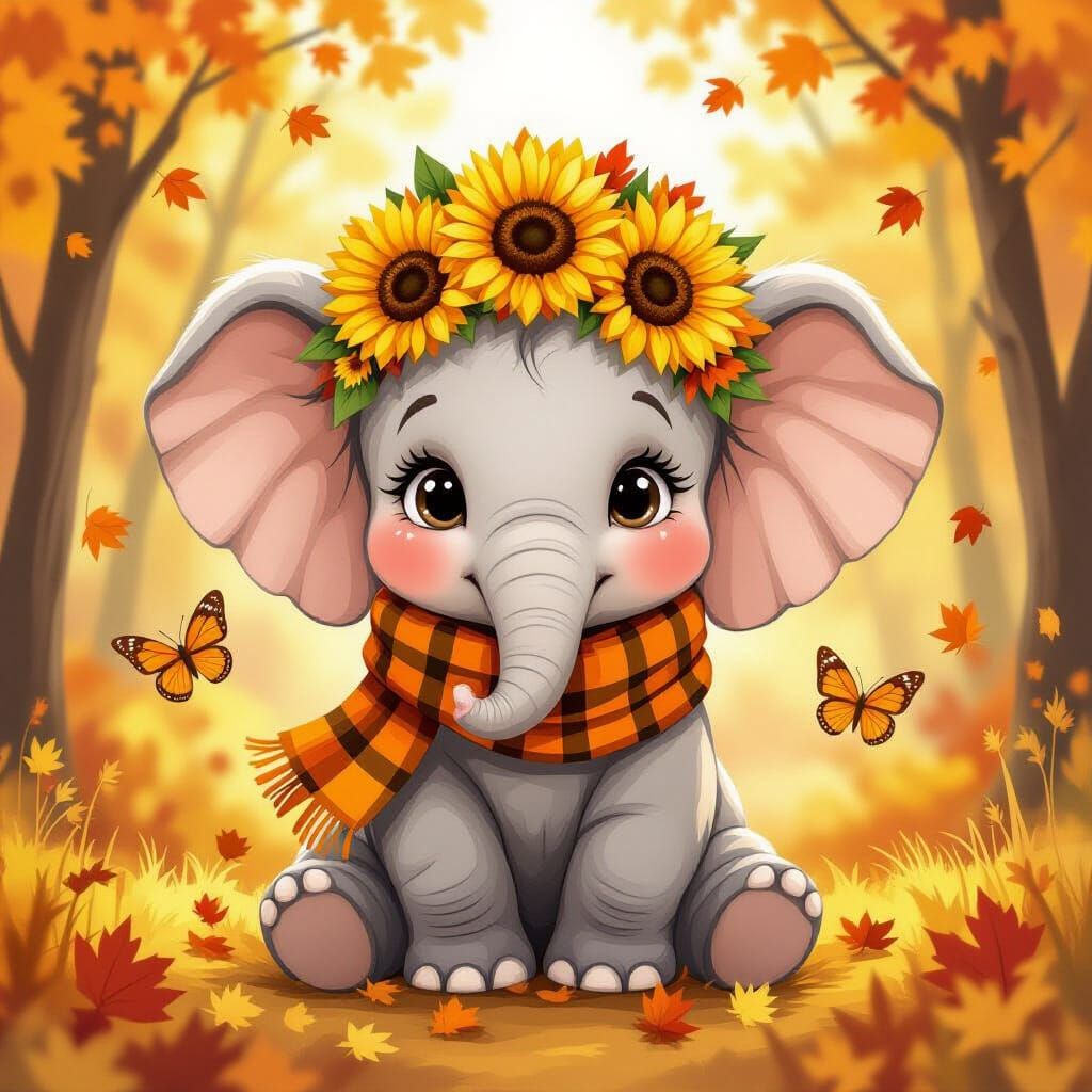 Cute Elephant Autumn Illustration in Whimsical Style