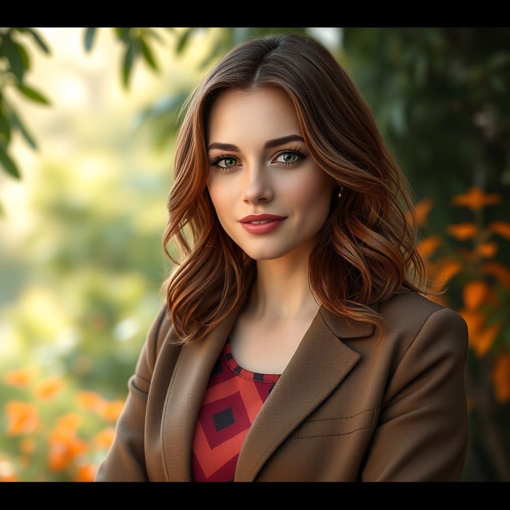 Optimistic Earth-Toned Executive in Whimsical Landscape