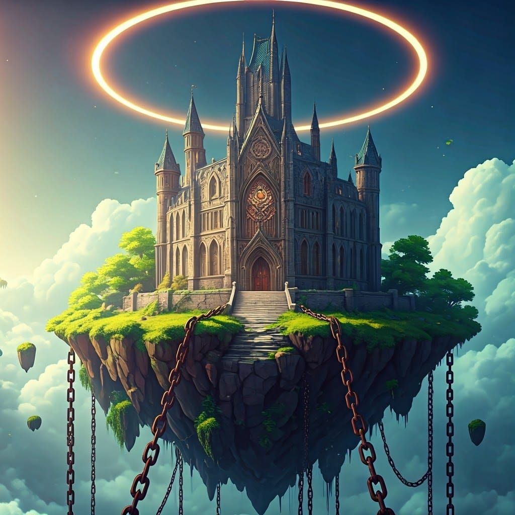 Floating Island Castle with Chains, Detailed Concept Art