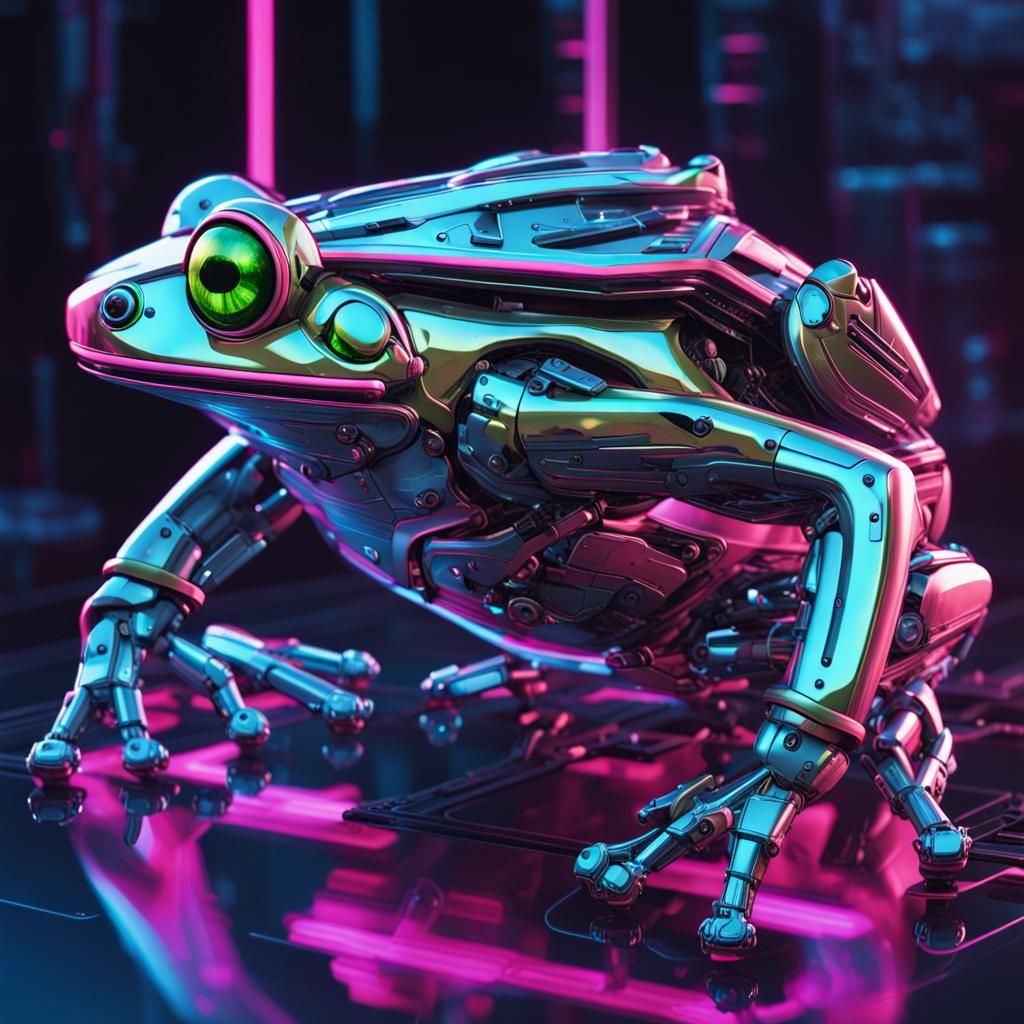 Mechanized Cyberpunk Frog with Neon Circuits