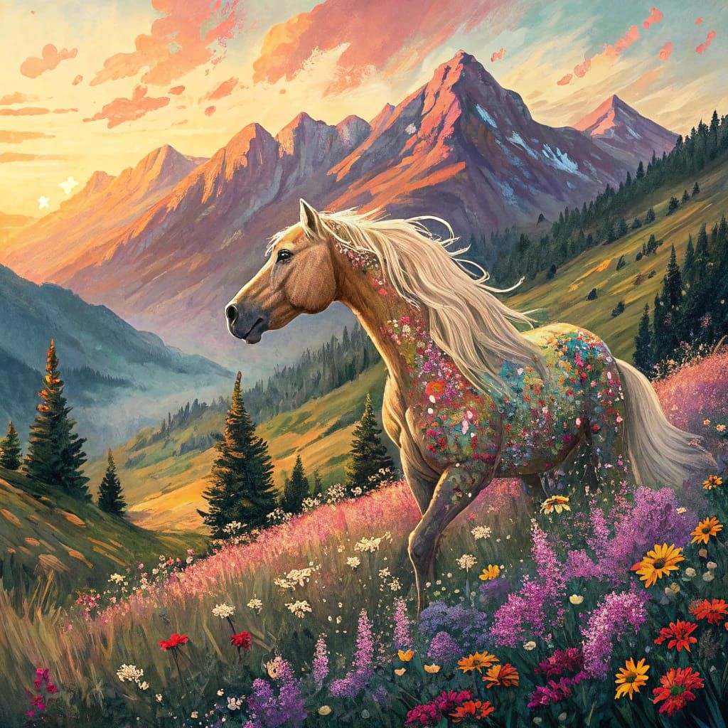 Ethereal Sunset Landscape with Palomino Horse in Sequins