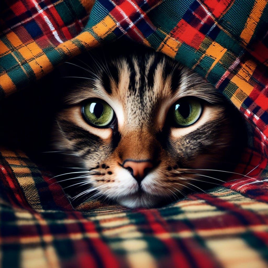 Dramatic Cat Portrait Behind Tartan Plaid