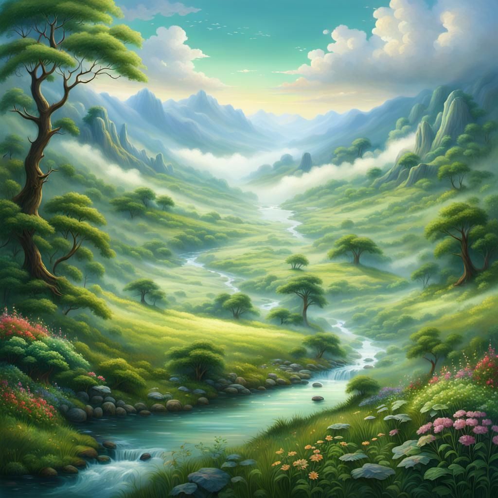 Ethereal Fantasy Valley Landscape in Fantasy Realism