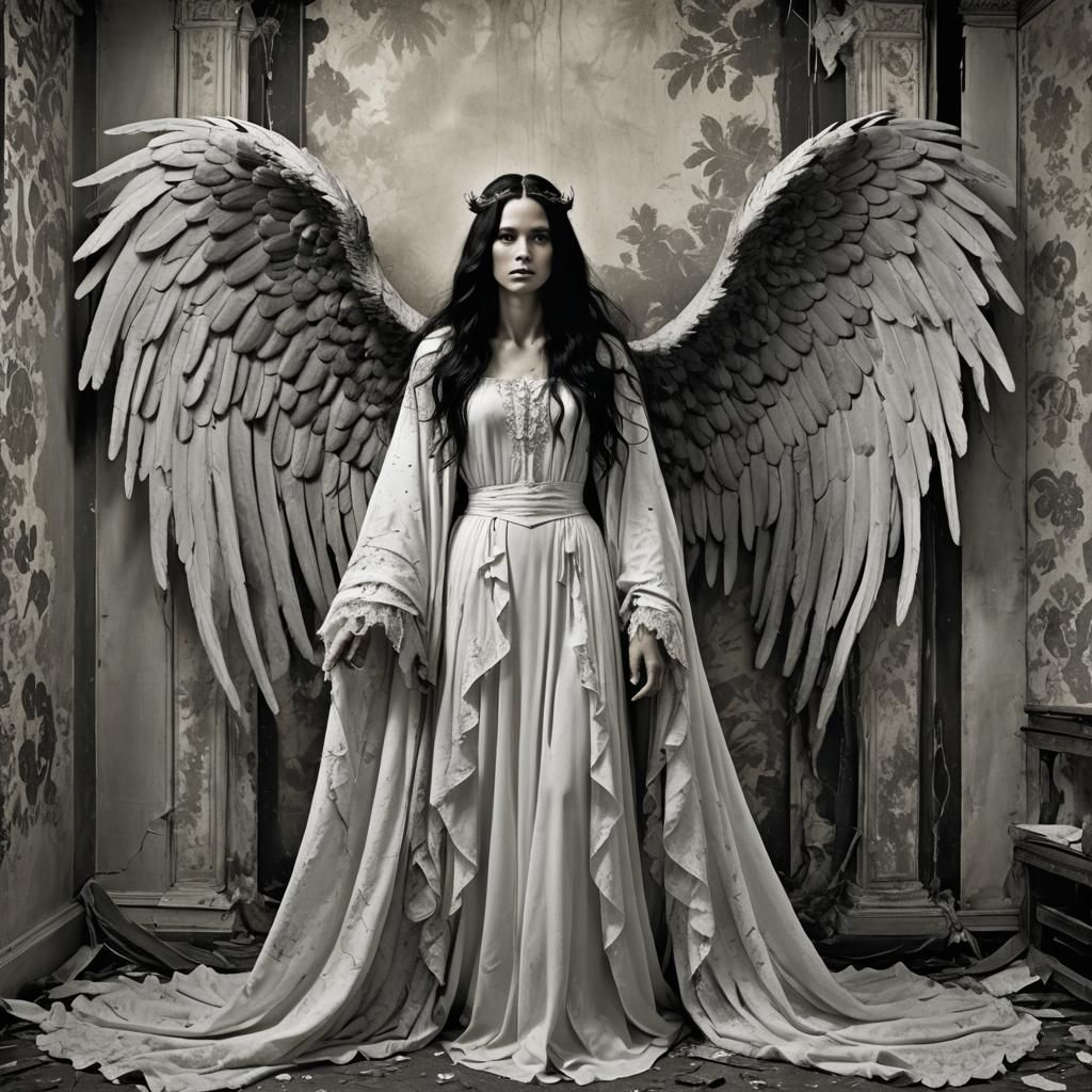 Gothic Angel in Black and White Photograph