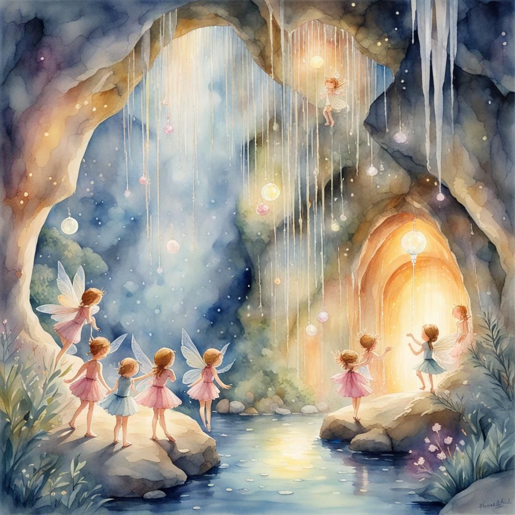 Curious fairies and sprites discovering a crystal grotto