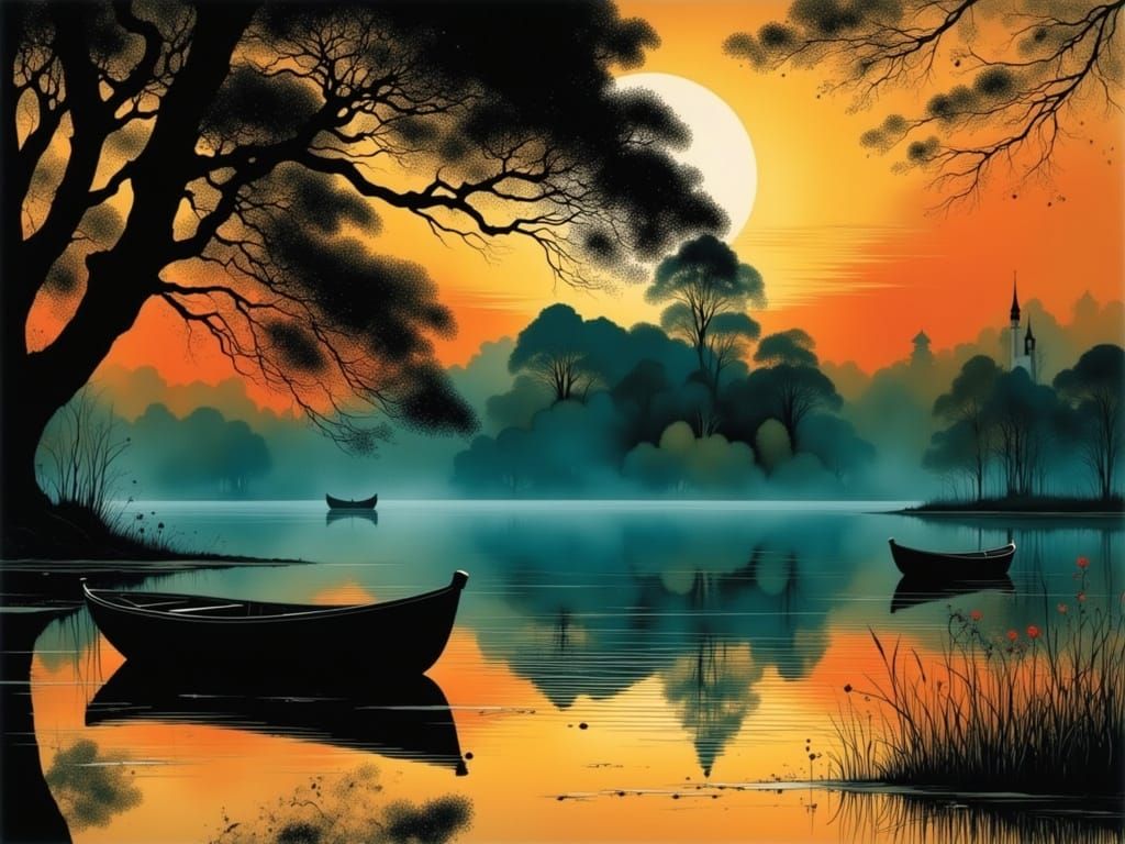 Serene Lake Sunset in Green and Blue Hues