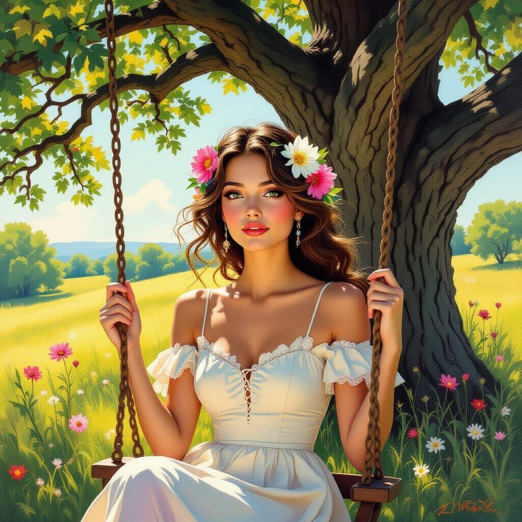 Dreamlike Woman on Swing in Geometric Art Deco Style