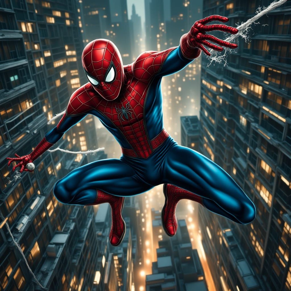 Spiderman Swings Through City at Night: Cinematic View