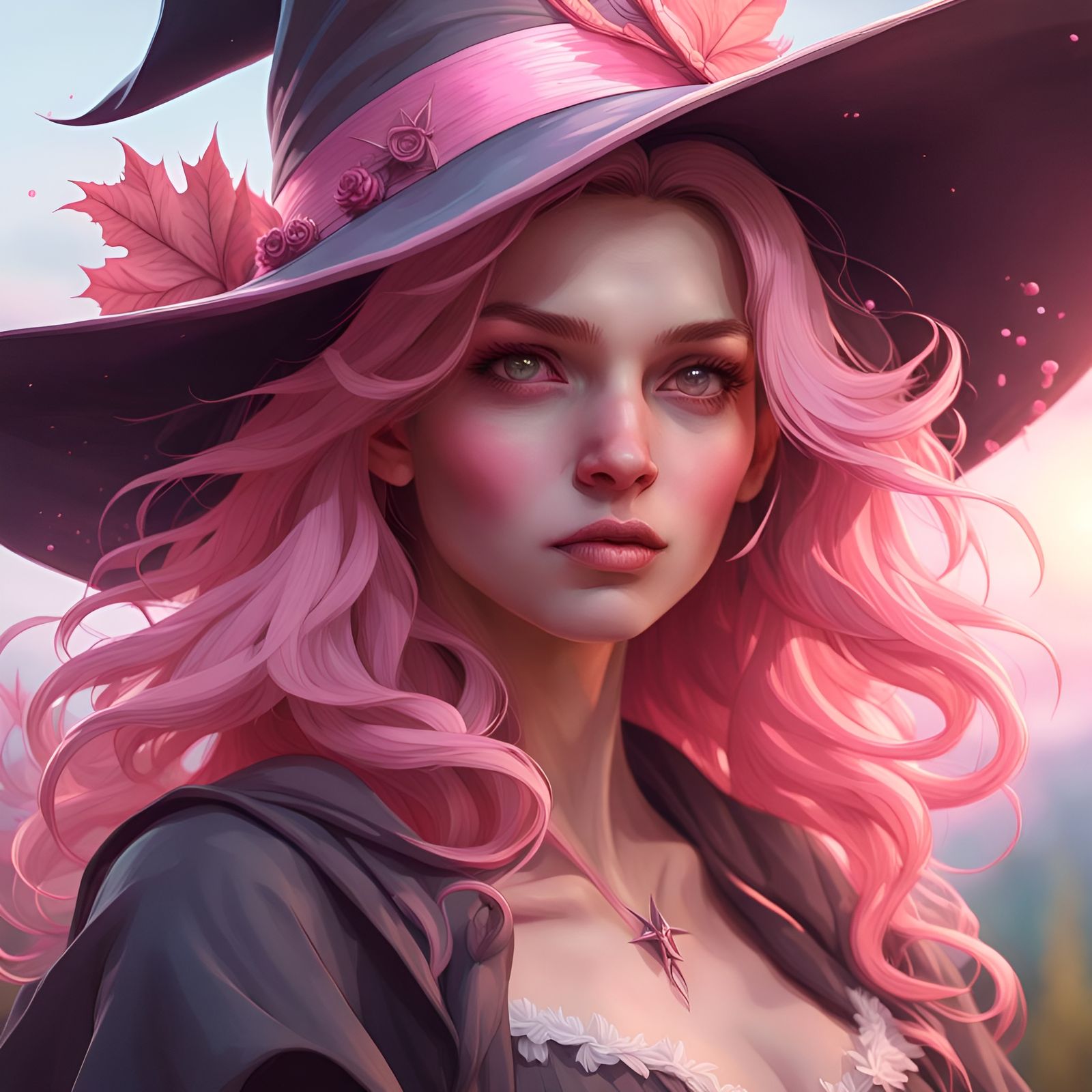 Pink Cottagecore Witch Portrait in Hyperdetailed Digital Art