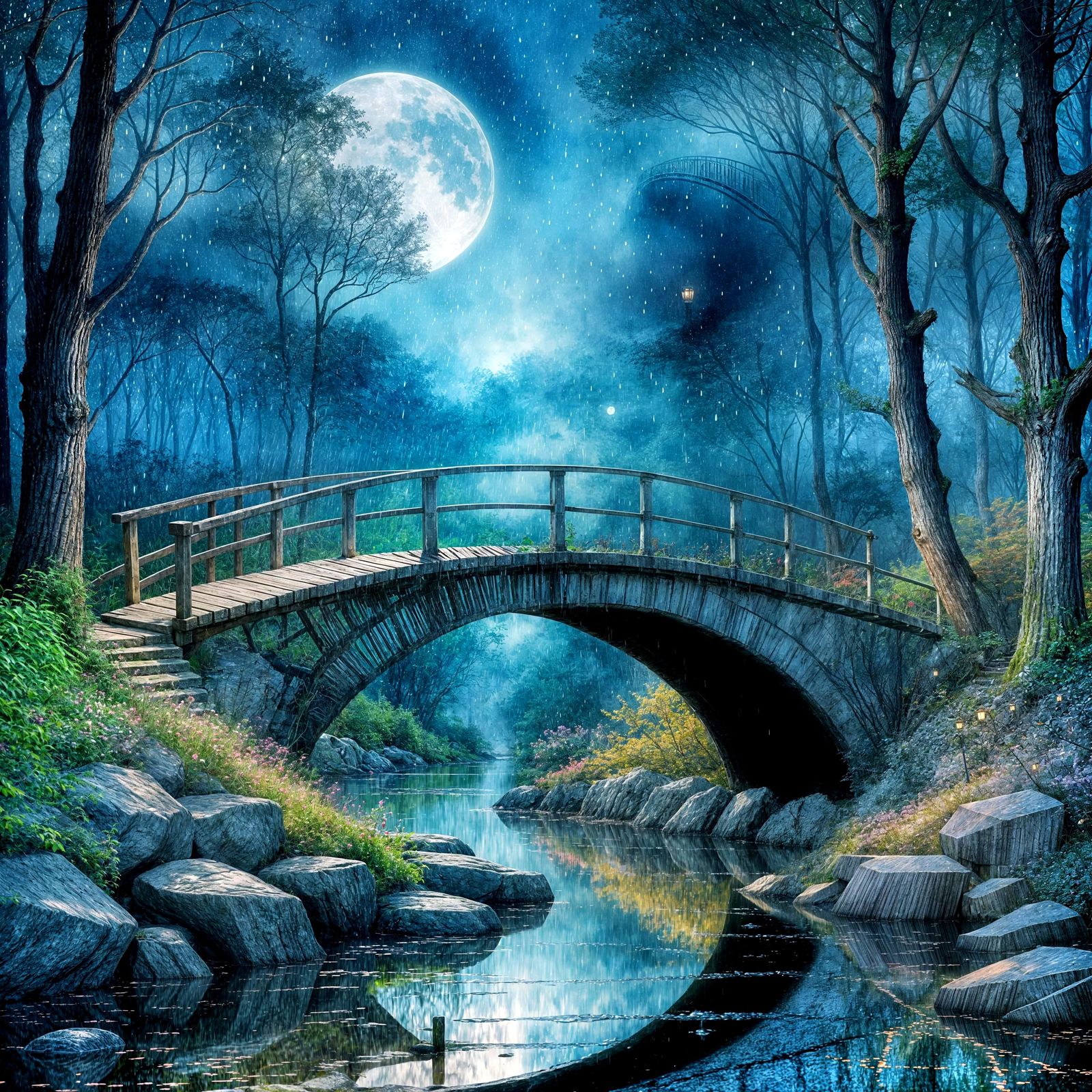 Quaint Forest Bridge in Watercolor and Ink