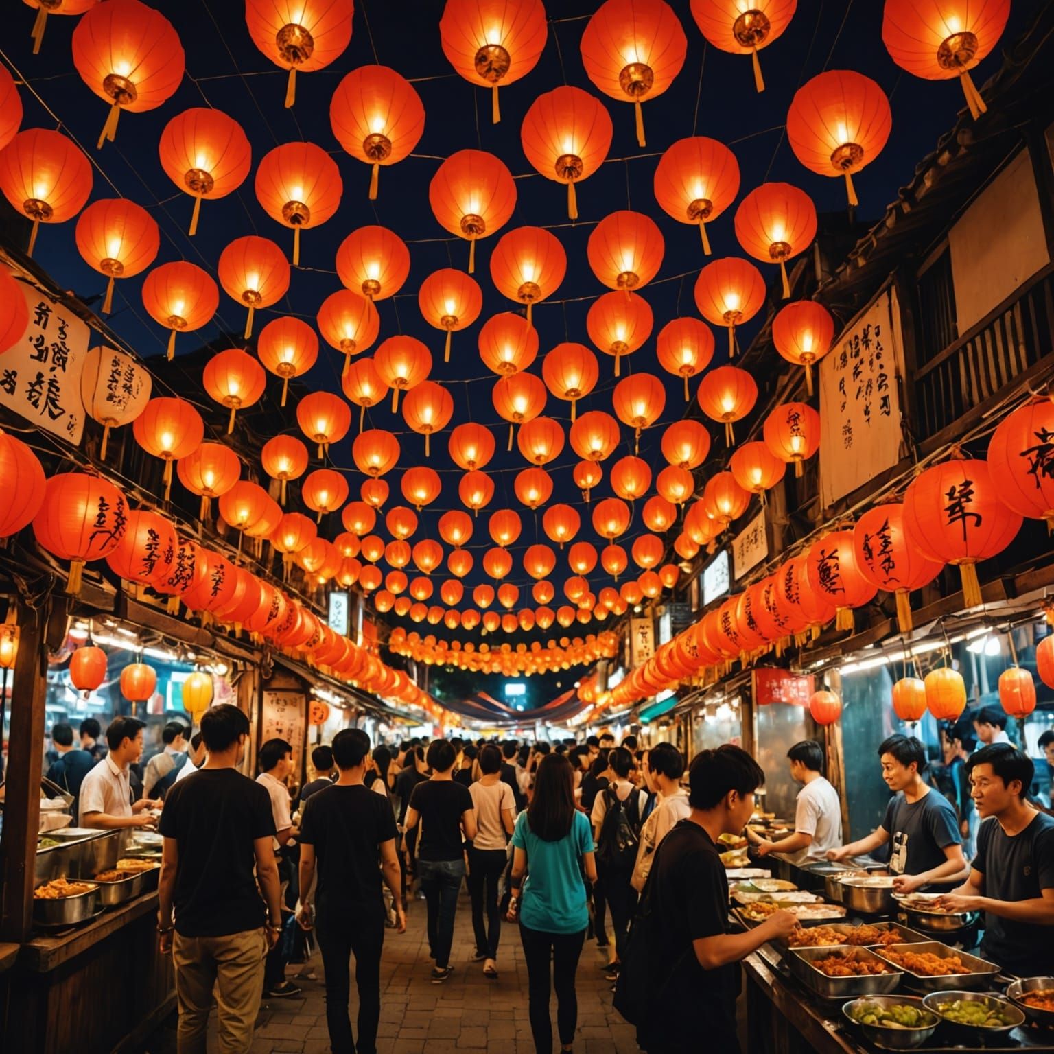 Luminous Night Market under a Celestial Sky