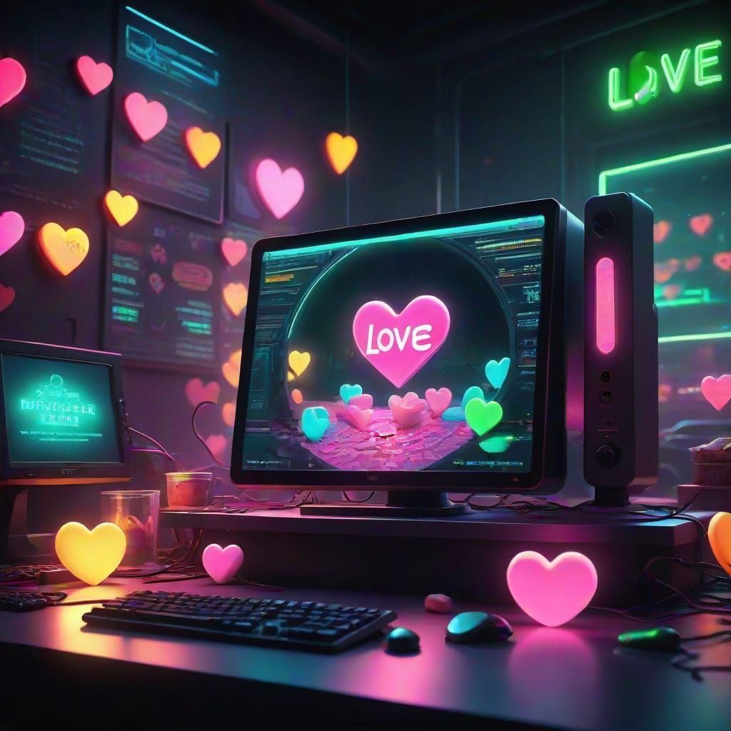 Candy Hearts Adore Neon 'Love Ai' Glowing on Computer Screen