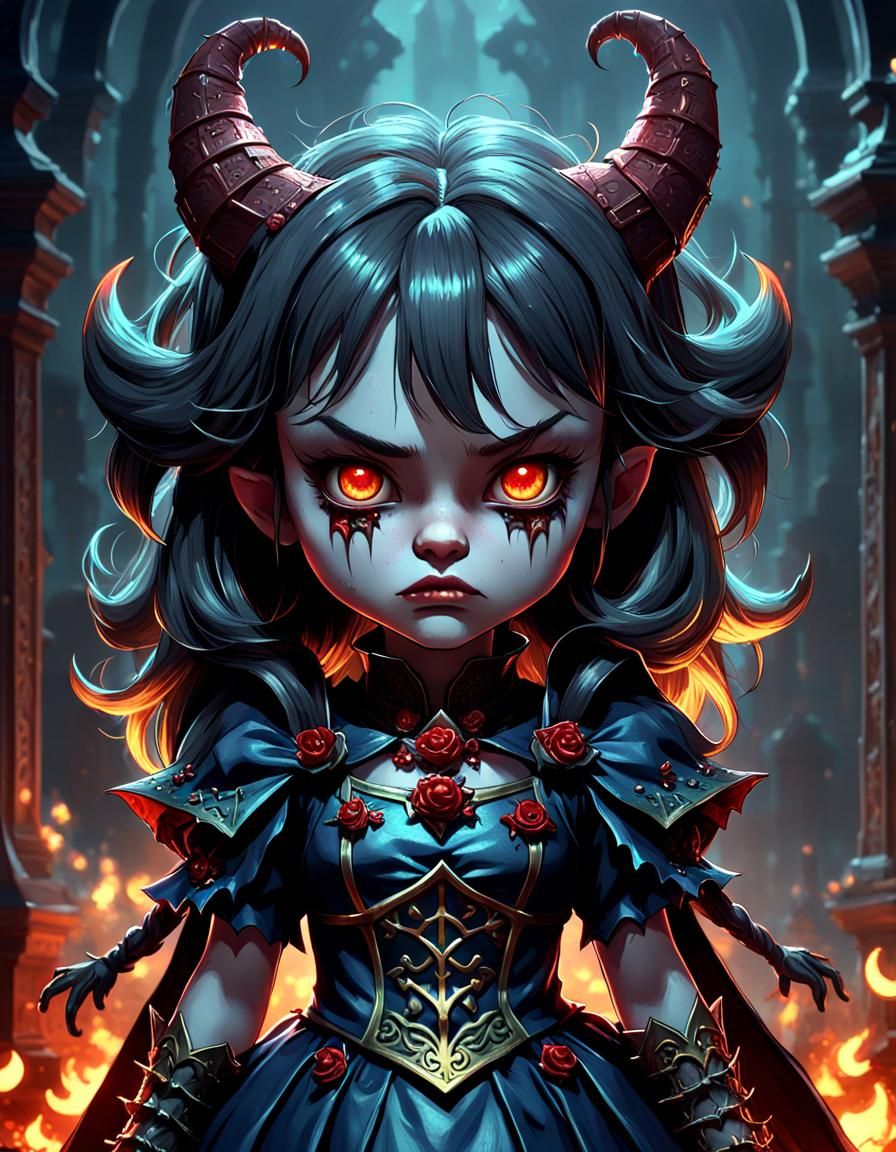 Kawaii Demonic Waitress in Sinister Dark Fantasy Style