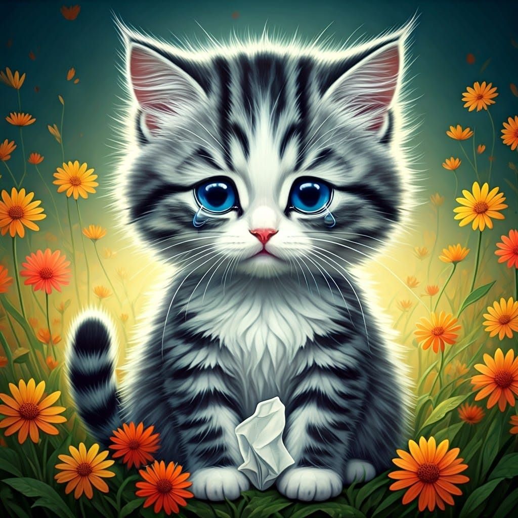 Crying Striped Kitten in Floral Field, Surreal Watercolor