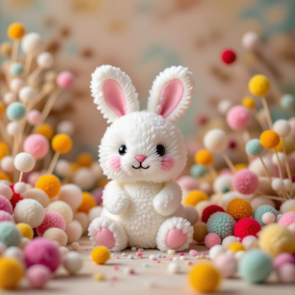 Colorful Pom Pom White Rabbit Sculpture