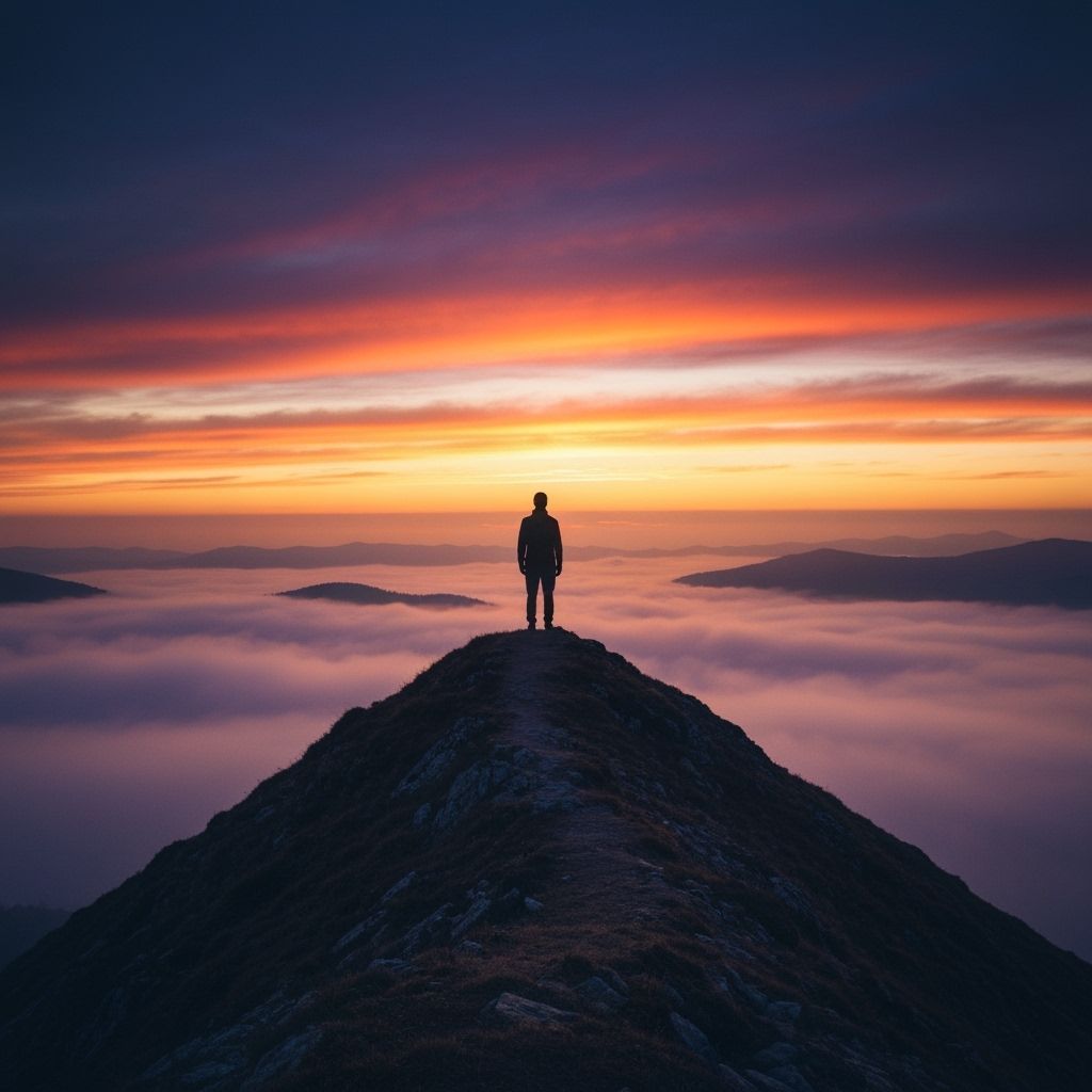 Lone Figure on Misty Mountain Peak at Dawn