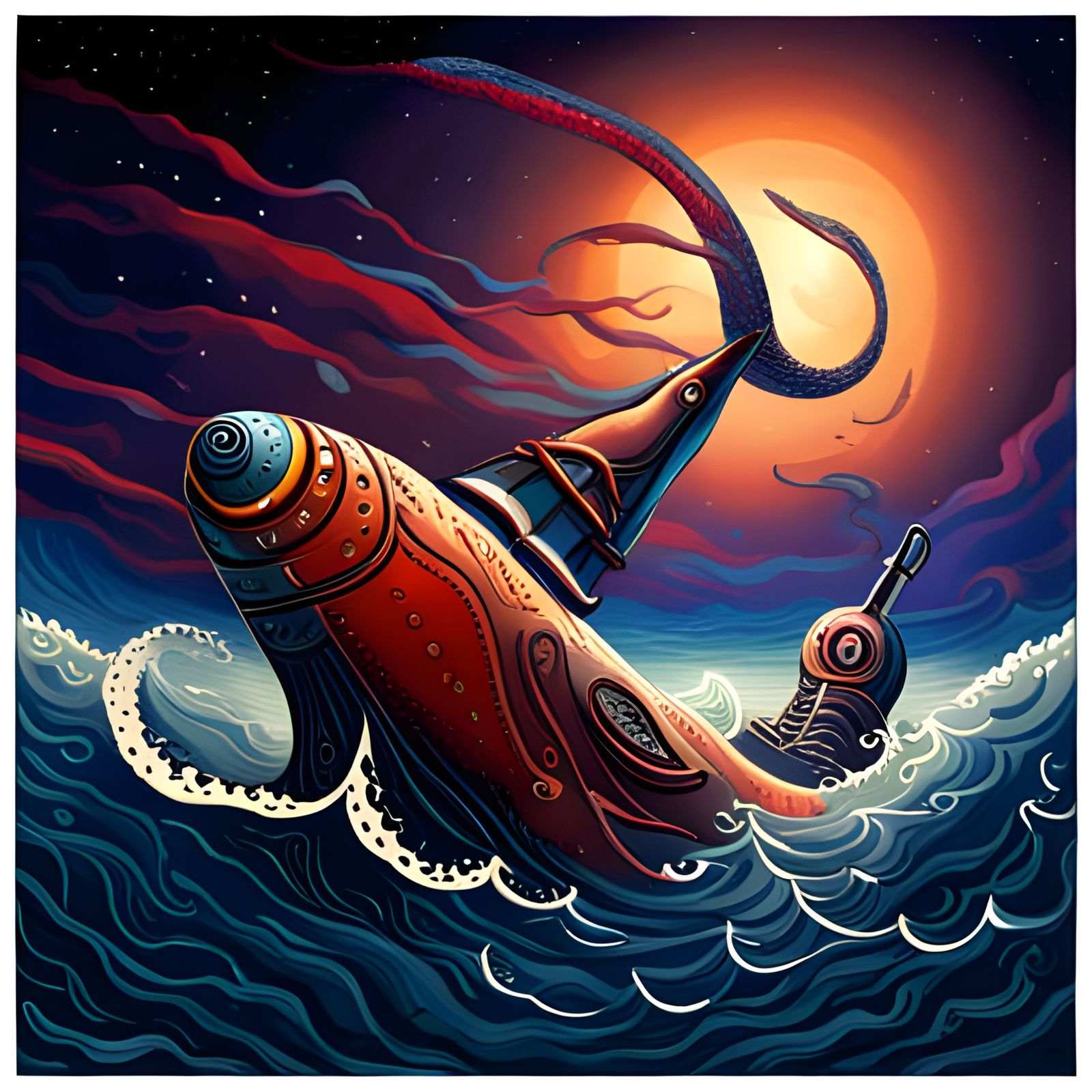 Giant Squid Attacks Classic Submarine in Psychedelic Art