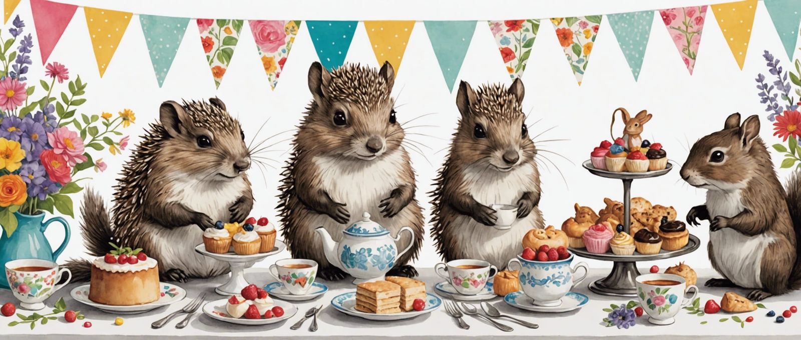 Woodland Animal Tea Party: Black and White Illustration