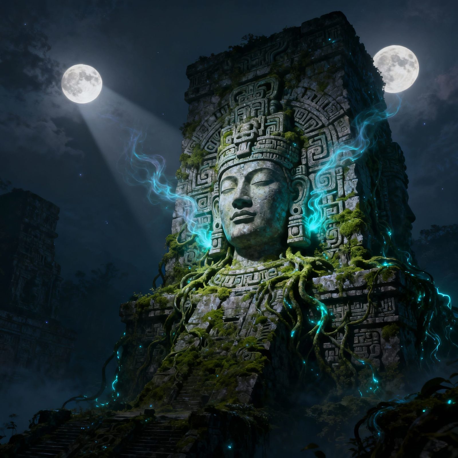 Mayan Face Carving on Ancient Structure with Bioluminescent ...