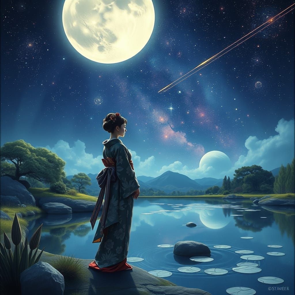 Geisha Gazes at Cosmic Garden in Surreal Gouache Style