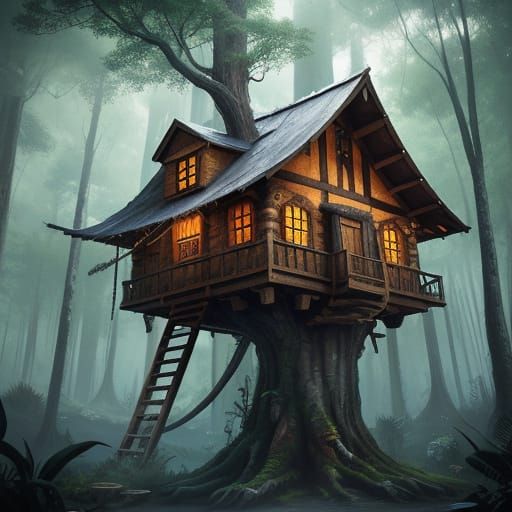 Surreal Treehouses in Vibrant, Hyperrealistic Style
