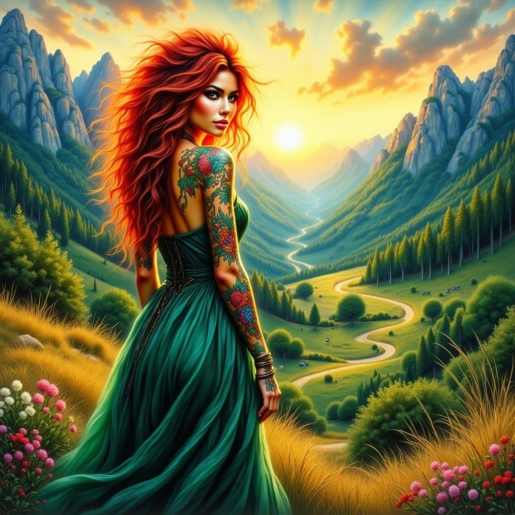 Red-Haired Woman with Tattoos in Mountain Landscape