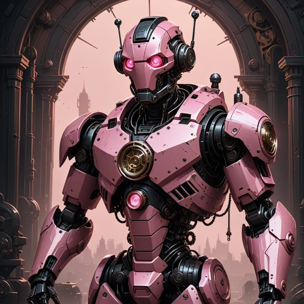 Pink Clockwork Robot Superhero in Steampunk Style