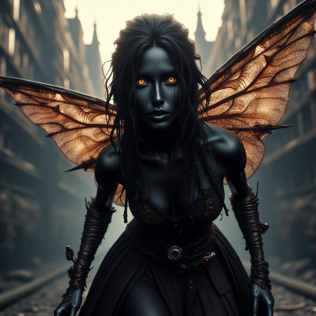 Dystopian Pixie Goddess with Mechanical Wings in Gothic Twil...