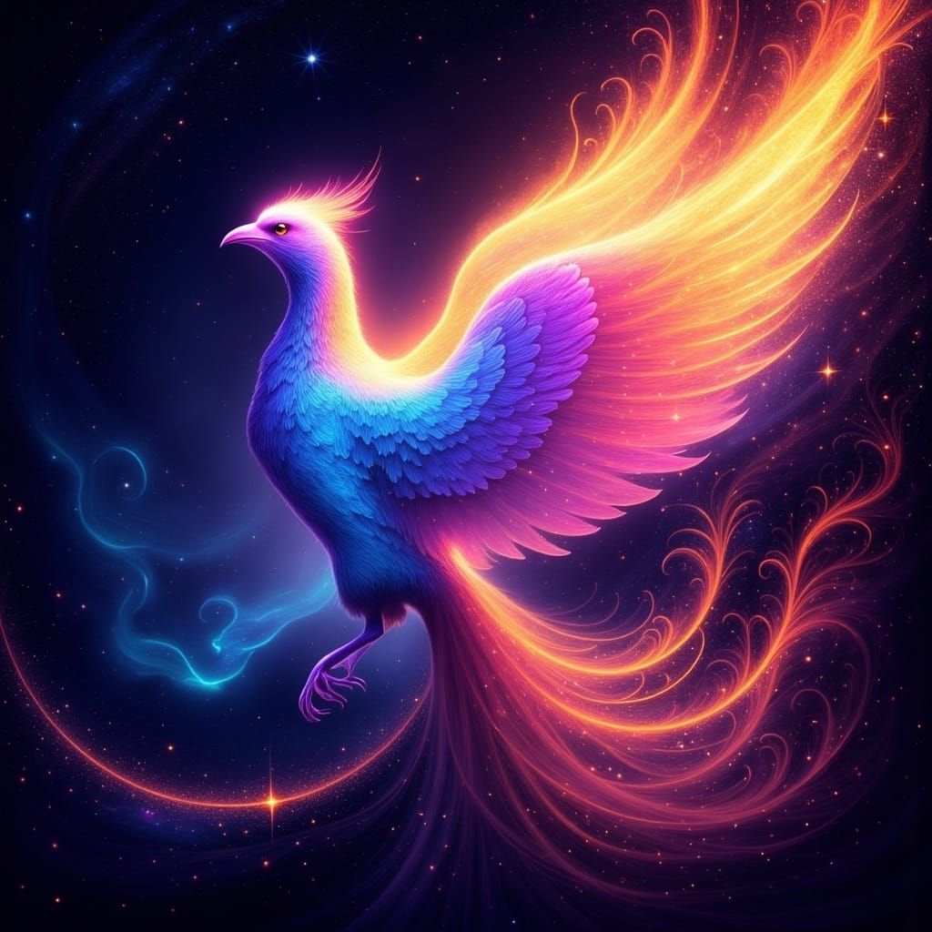 <lora:FS Spellcasting 101:1.0> a magical light Phoenix flying through the galaxy, leaving beautiful designs behind it