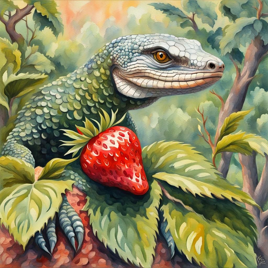 Goanna and Strawberry Plant: Impressionist Gouache Painting
