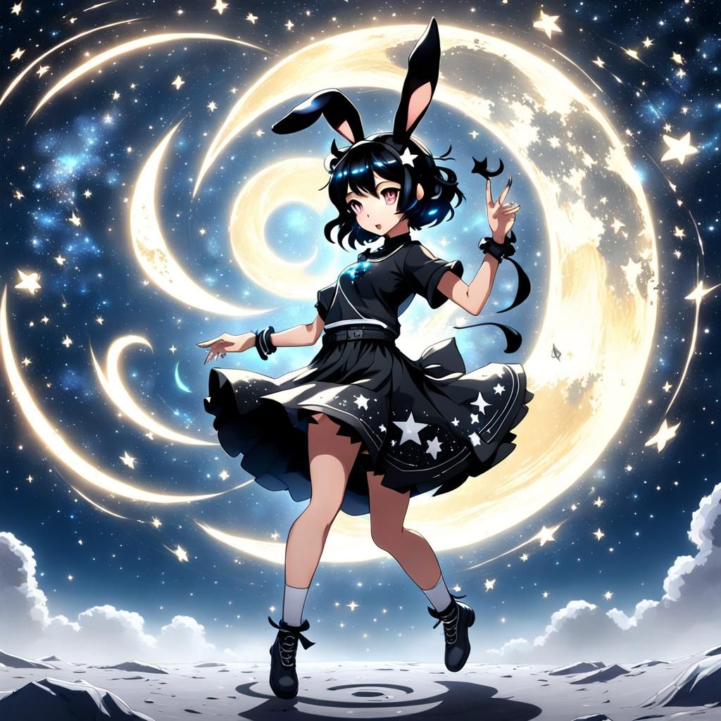 Anime Girl Dancing on the Moon with Stars