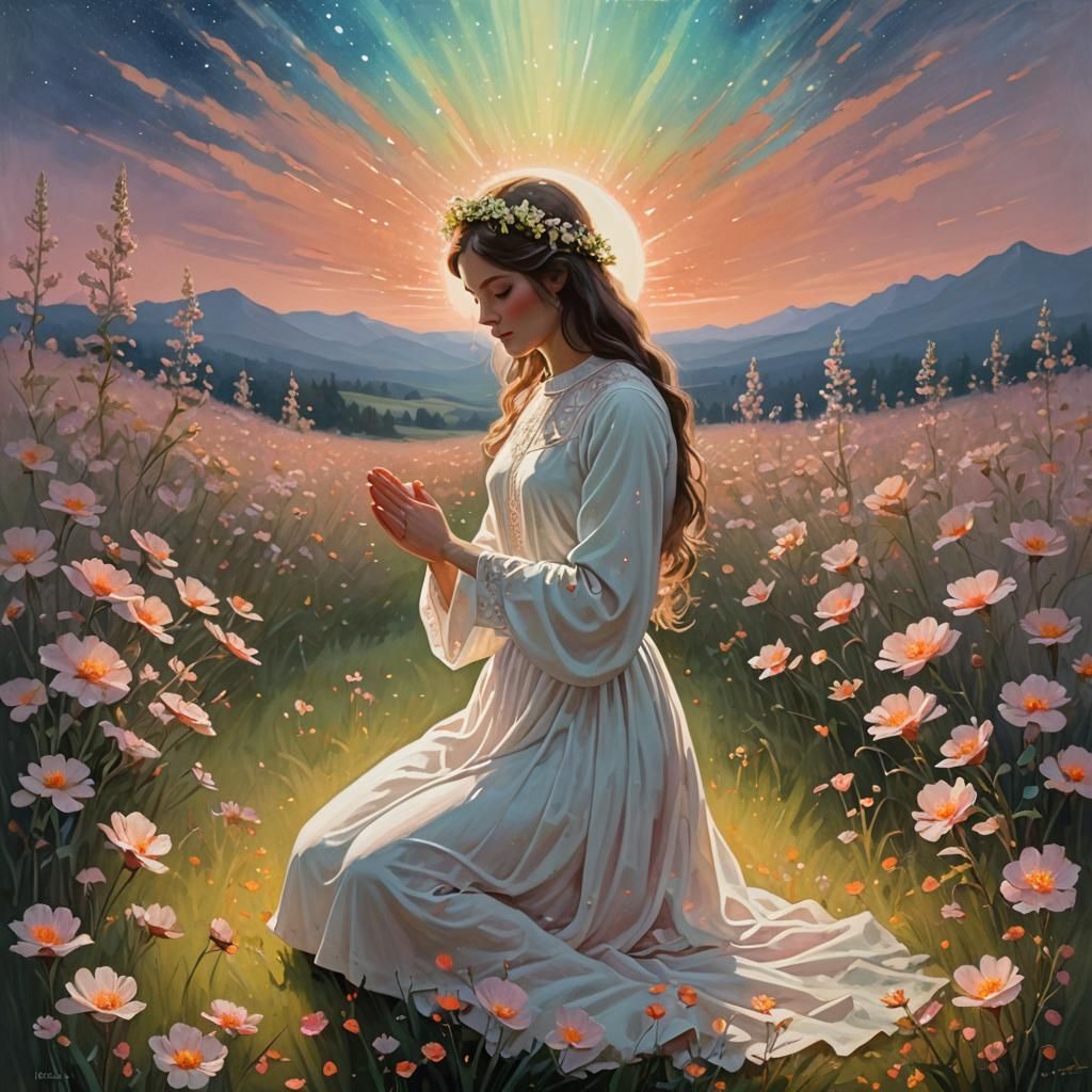 Woman Praying in Peach Field, Romantic Oil Painting